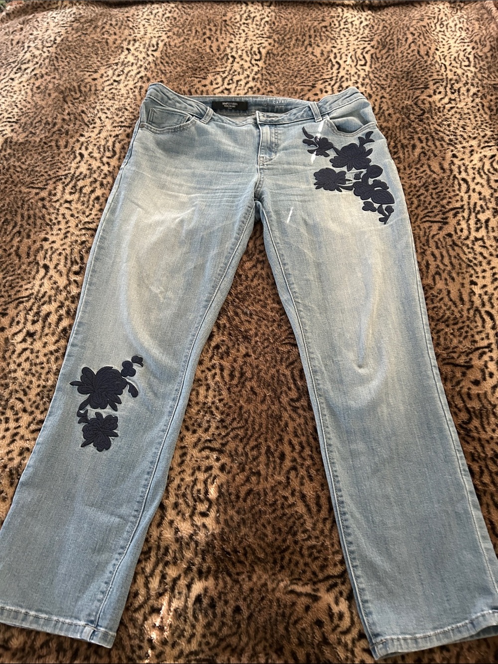 Simply Vera Vera Wang Light Blue Straight Leg Jeans with Navy Floral Appliqué